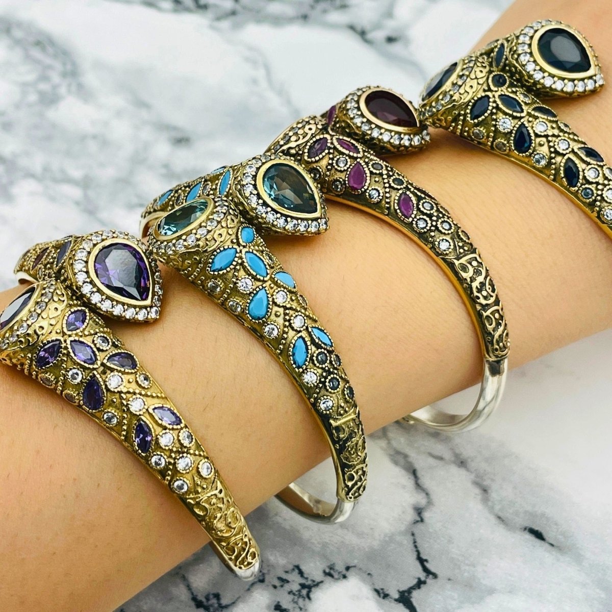 Istanbul Jewelry | Handmade Aquamarine Drop Ottoman Silver Bracelet - TryAladdin