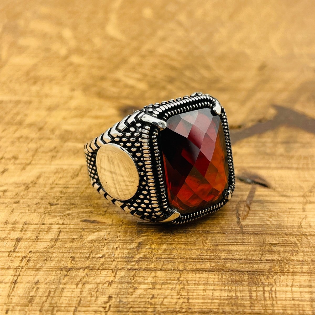 Men's Red Zircon Stone Silver Ring - TryAladdin