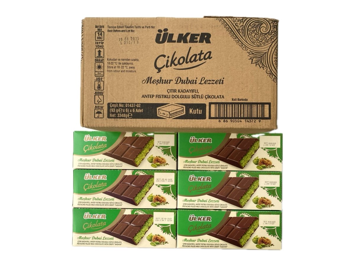 Ulker Dubai Chocolate bar with Antep pistachio cream and visible crunchy kadaif pieces