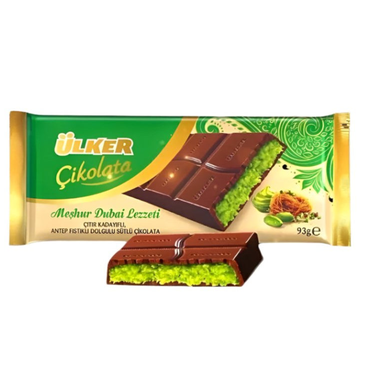 Ulker Dubai Chocolate bar with Antep pistachio cream and visible crunchy kadaif pieces.