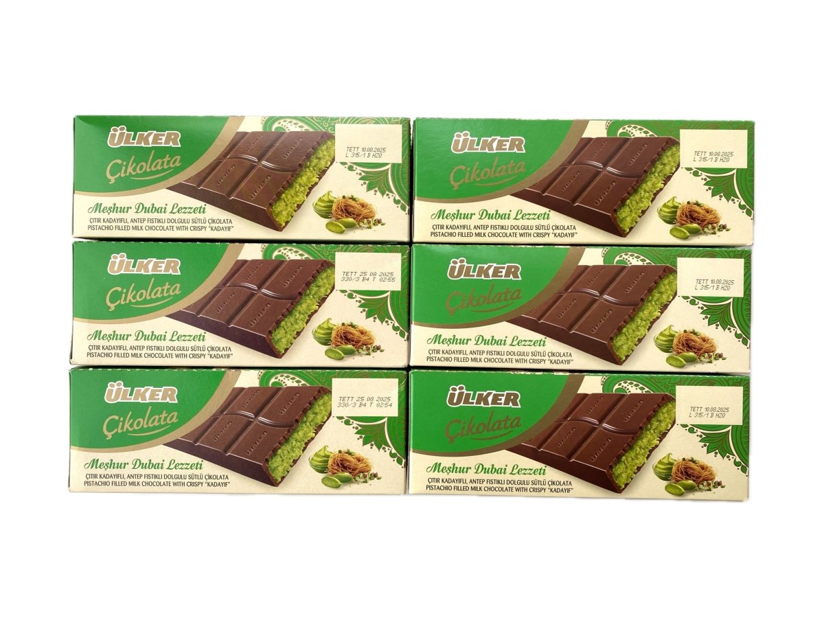 Ulker Dubai Chocolate bar with Antep pistachio cream and visible crunchy kadaif pieces.