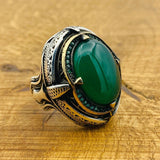 Men Natural Green Gemstone Silver Ring - TryAladdin