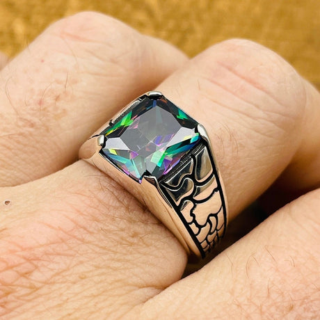 Minimalist Square Multicolor Mystic Topaz Stone Puzzle Patterned Men's Ring - TryAladdin