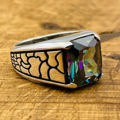 Minimalist Square Multicolor Mystic Topaz Stone Puzzle Patterned Men's Ring - TryAladdin
