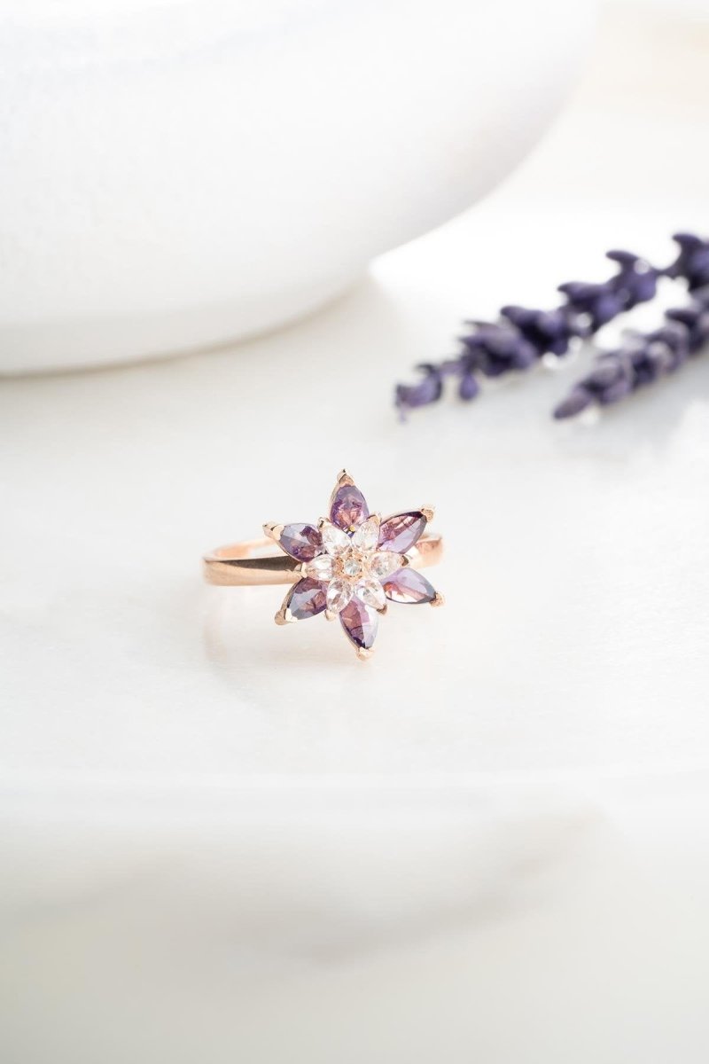 Nereze | Rose Color Purple and White Stone Lotus Flower Adjustable Size Ring - TryAladdin