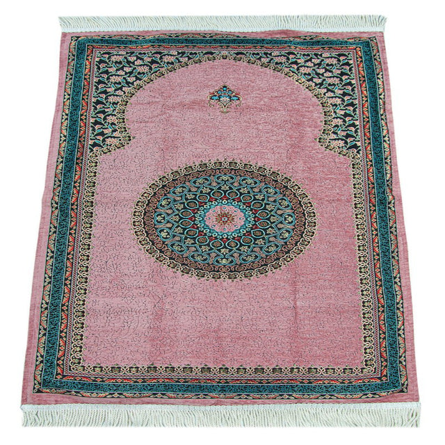 Pink Traditional Motif Knitted Fringed Mihrab Lined Chenille Prayer Rug - TryAladdin
