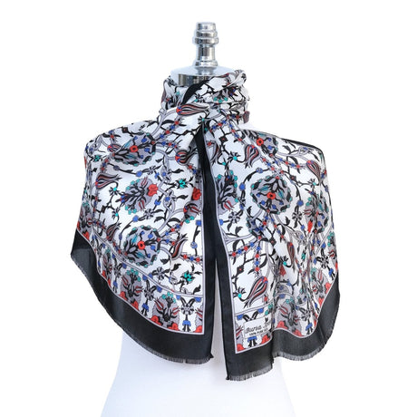 Lale Elegant Silk Scarf in White, Black & Orange - TryAladdin