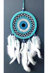 Nazar Bead Motived Turquoise Color Dream Catcher White Bird Furry Dream Wall Ornament - TryAladdin