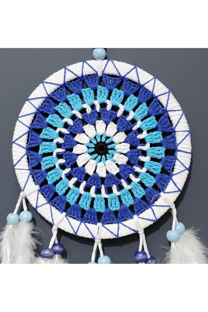 White Color Dream Catcher Handmade Nazar Beaded Pattern and Bird Feathers Wall Ornament - TryAladdin